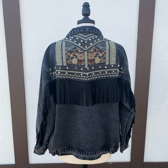 Restocked New Bohemian Western Embroidered Oversized Denim Jean Jacket - Picture 6 of 10